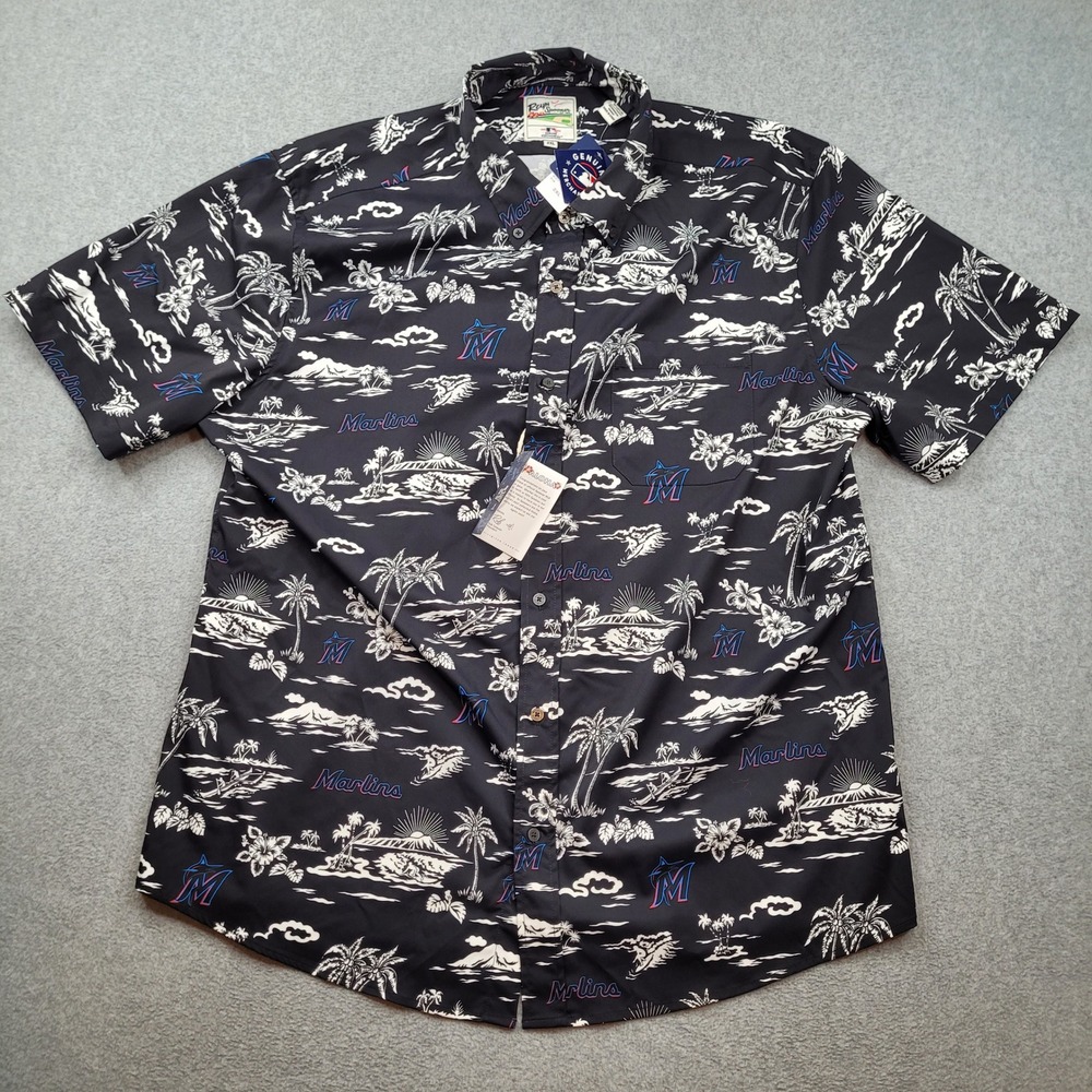 Reyn Spooner Miami Marlins MLB Button Up Shirt Mens 2XL Black‎ Tropical NWT